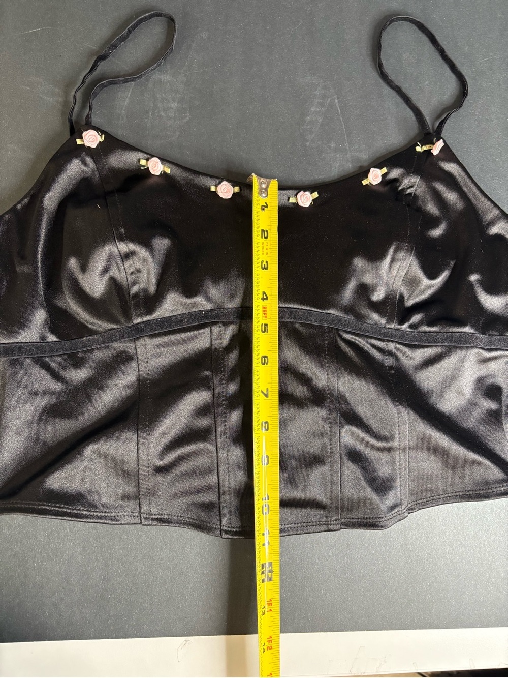 Black Satin Wild Fable Corset Top with Pink Rose Embellishments Summer - Picture 8 of 13